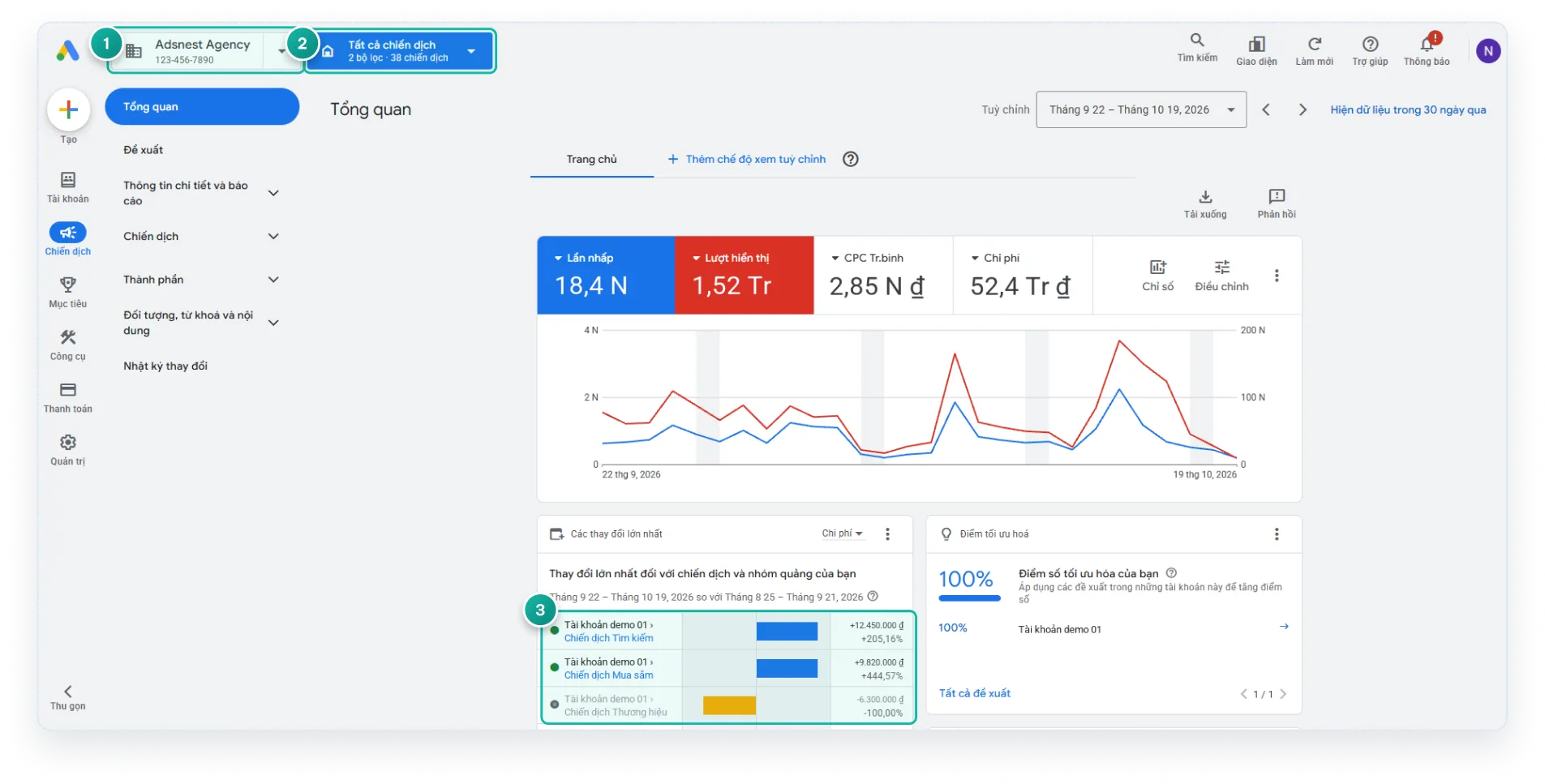 Manager account (MCC) overview (Vietnamese interface)
