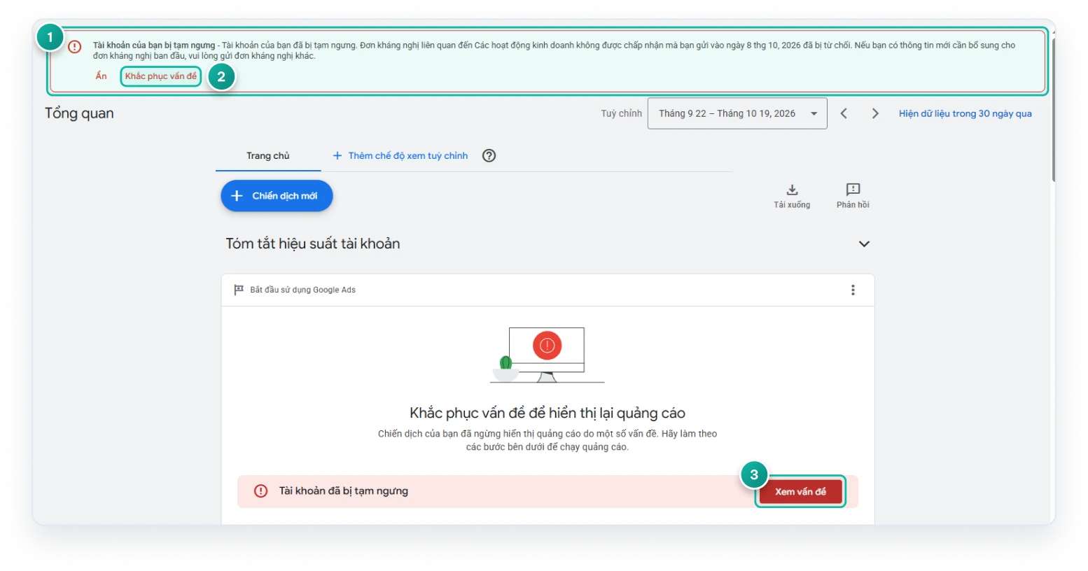 Account suspension notice in the Google Ads interface